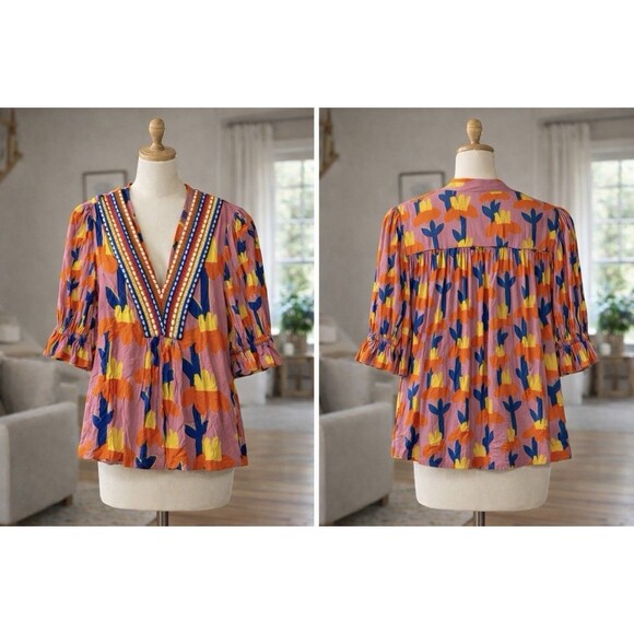 Anthropologie Tops - Anthropologie Blank London Embroidered Cactus Print Short Sleeve To Blouse XS